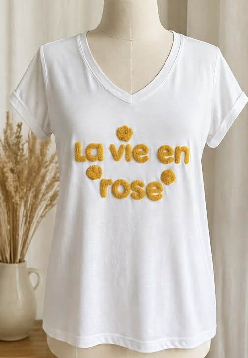 Top Brodé LA VIE EN ROSE Jaune