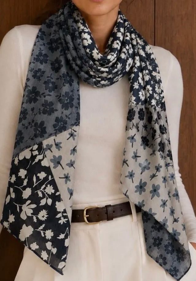 Foulard Garance – Fleuri Bleu & Écru