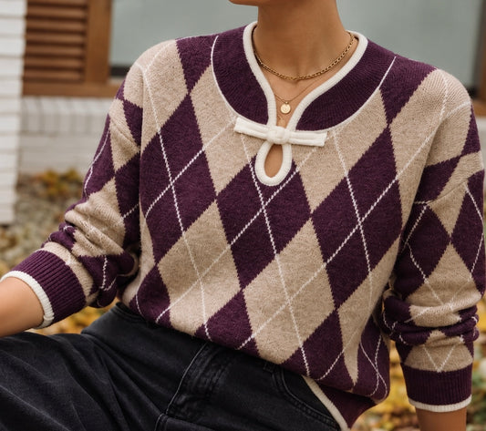 Pull Sixtine – Losanges prune & taupe