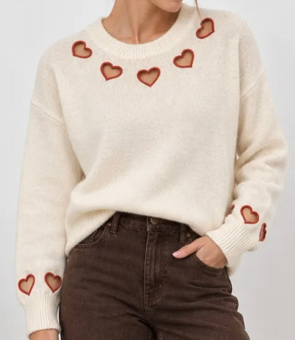 Pull VALENTINE 🤍 – Écru à cœurs rouges