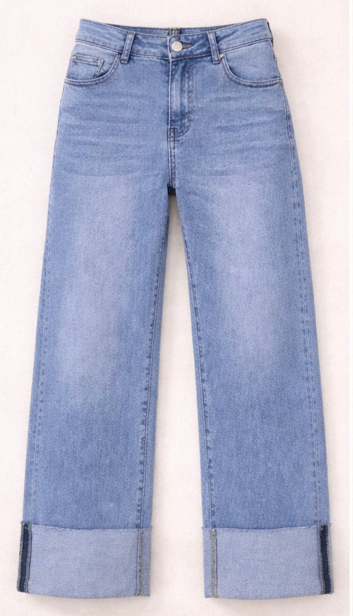 Jeans wide leg bas revers 7/8
