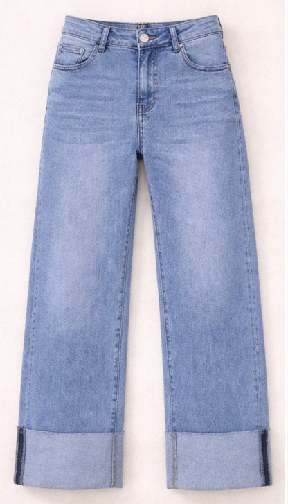 Jeans wide leg bas revers 7/8