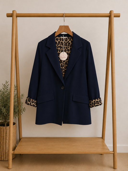 Blazer Sofia bleu marine – Doublure Léopard
