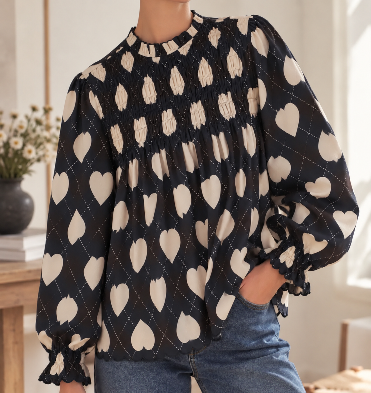Blouse Malia – Cœurs Marine & Écru