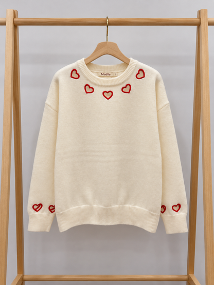 Pull VALENTINE 🤍 – Écru à cœurs rouges