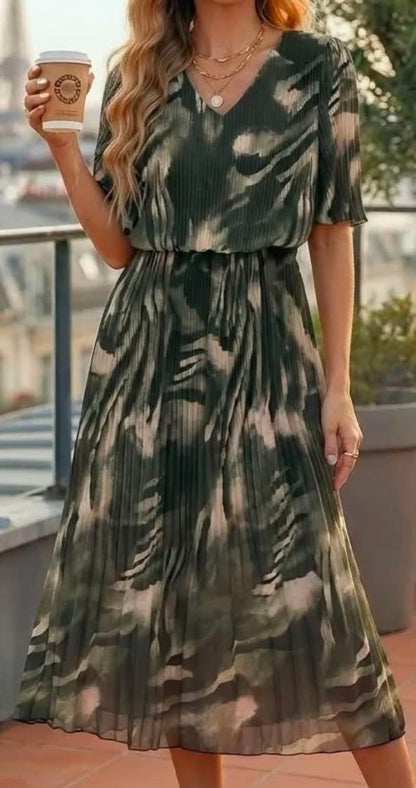 Robe Elena – Plissée Imprimée Kaki