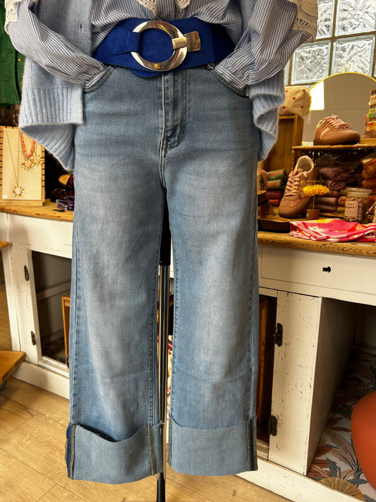 Jeans wide leg bas revers 7/8