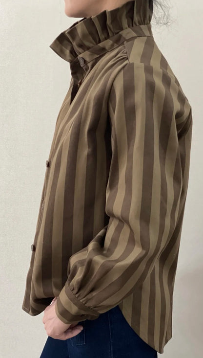 Chemise AGATHE – Rayures chocolat & kaki